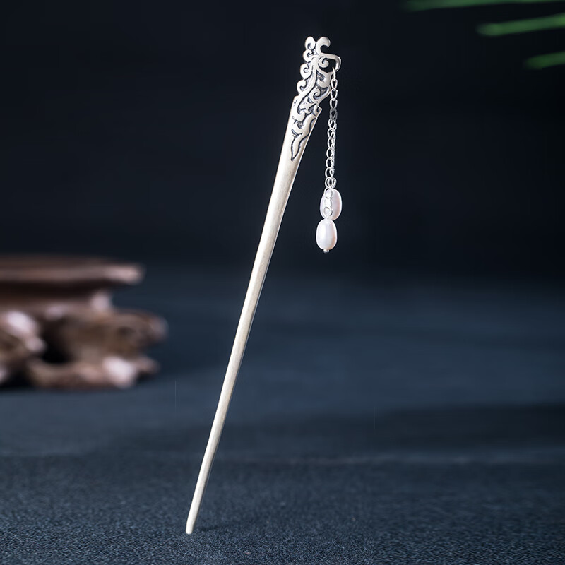 源璐原创银发簪简约日常 古风汉服发饰珍珠簪子七夕礼物送女友 雕花
