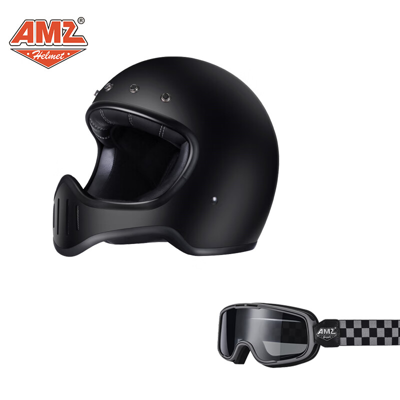 AMZ机车复古摩托车头盔四季男女通用冬季安全帽玻璃钢骑行巡航全盔 哑黑色+摩天灰风镜 L