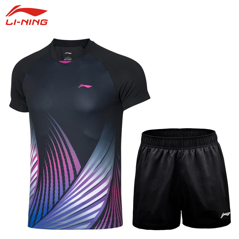 李宁（LI-NING）羽毛球服男款速干吸汗透气舒适弹力柔软比赛套装 短袖AAYQ067-4+短裤AKSP805标准黑 L