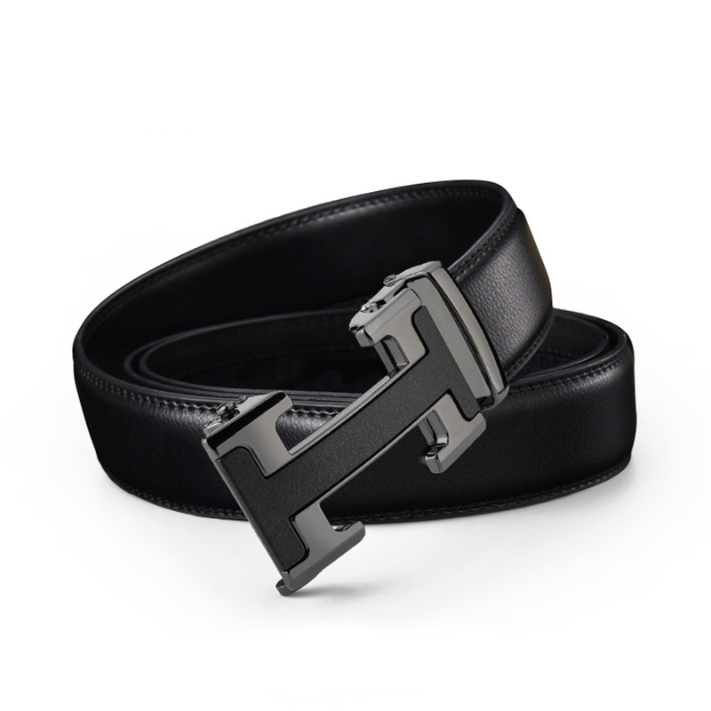 POACY男士皮带真牛皮 商务腰带男时尚裤带男款字母简约 礼物 PY24枪色H扣 115cm 【裤码35-37】