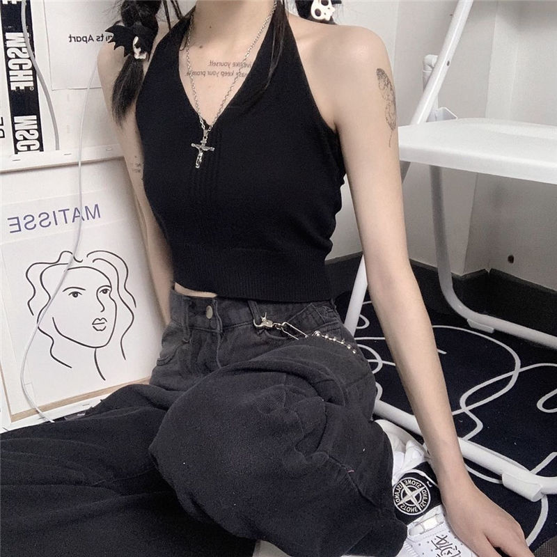 宝乔旭针织小背心女夏季ins设计感绑带短款外穿新款挂脖吊带上衣 黑色