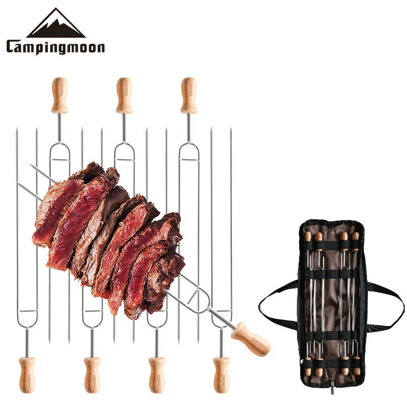 campingmoon柯曼不锈钢烤针烧烤签双股烤叉榉木手柄野餐烧烤串叉子mk