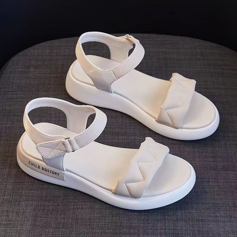 高中生凉鞋女学生学院风平底凉鞋女2023春夏季新款外穿学生百搭 白色