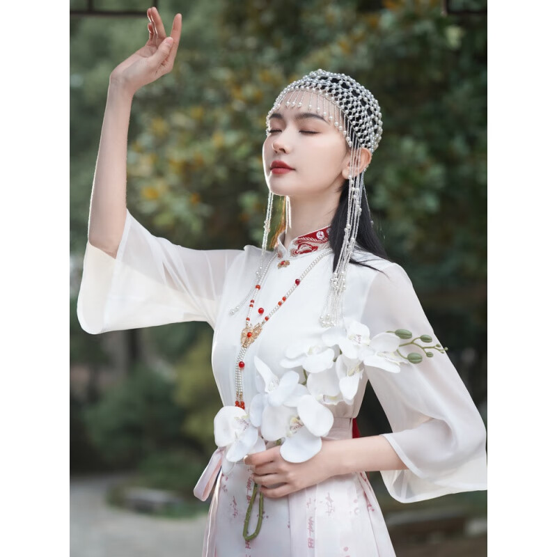 改良汉服成人女新中式国风刺绣短袖衬衫全套印花马面裙古装套装 白衣