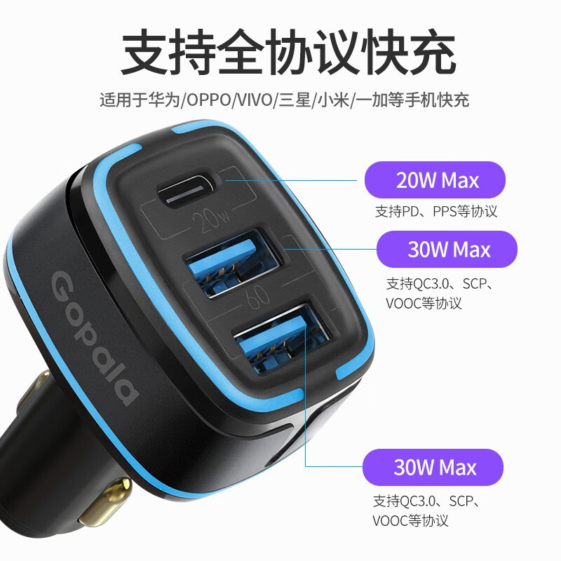 Gopala【好物优选】 车充快充80W车载充电器PD三口点烟器QC3.0双USB充电 80W一拖三车载充电器快充