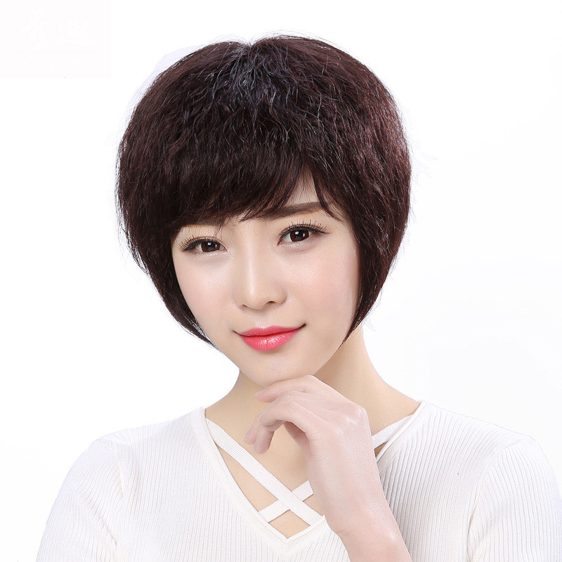 唐妮 真发女短发中老年假发妈妈短发短卷发手织真发蓬松玉米烫发套