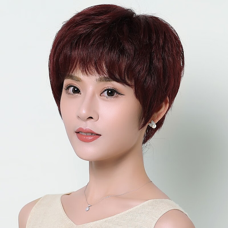 美蝶真发假发女短发全真人发头套短直发圆脸假头发中老年女士妈妈假发