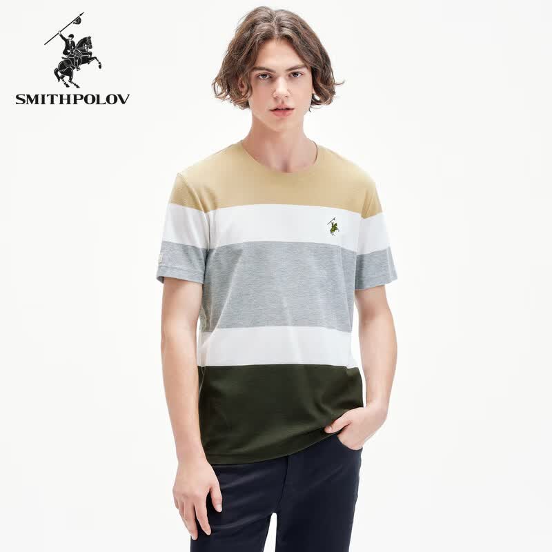 斯密特保罗（SMITHPOLOV）【82.8%棉】休闲圆领拼色针织打底舒适短袖男士时尚针织衫 卡其条纹 46
