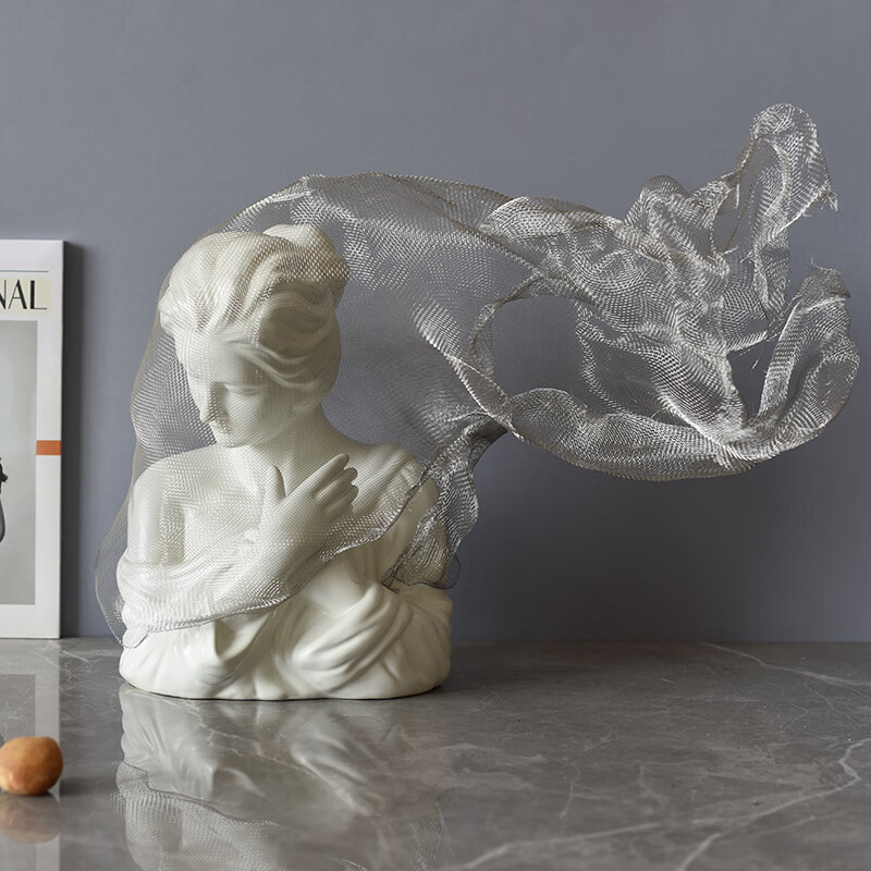 北欧轻奢面纱少女雕塑摆件感小众奶油风艺术品客厅玄关装饰品 银色