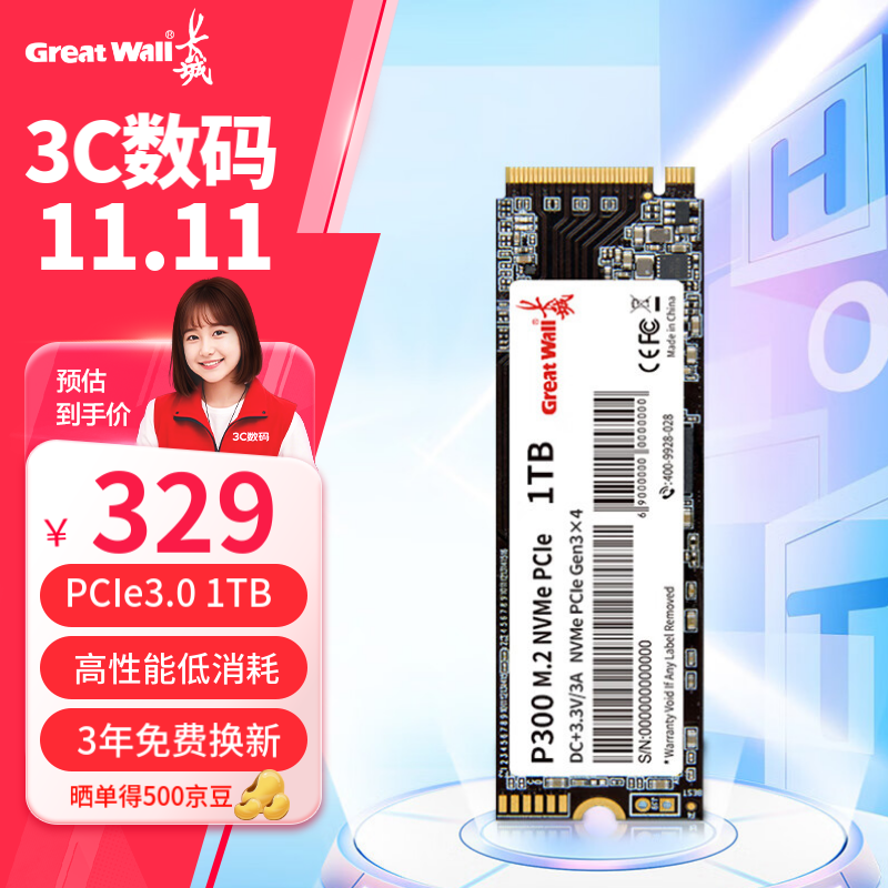 长城（Great Wall）SSD固态硬盘M.2接口(NVMe协议)PCIe3.0x4 P300系列台式笔记本通用硬盘 畅玩游戏 【全国七仓发货】P300-1TB 固态硬盘