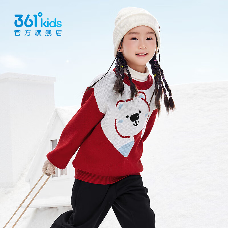 361°童装儿童圆领仿毛衫男女童冬季新款小童时尚保暖童趣毛衣 海港红 101cm