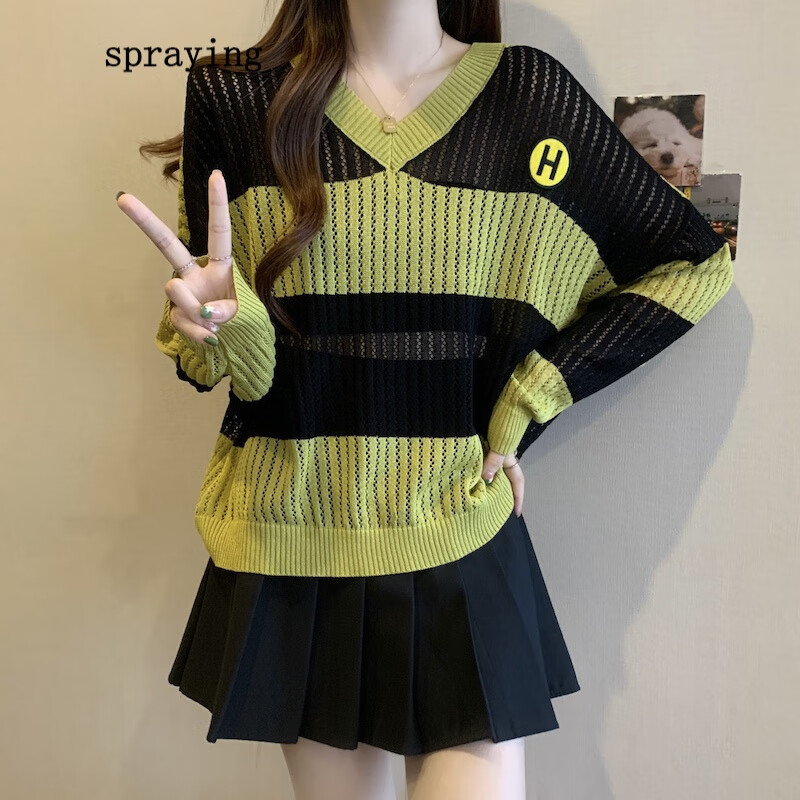 spraying设计时尚韩版v领撞色长袖罩衫宽松显瘦针织空调衫女 绿黑条 m