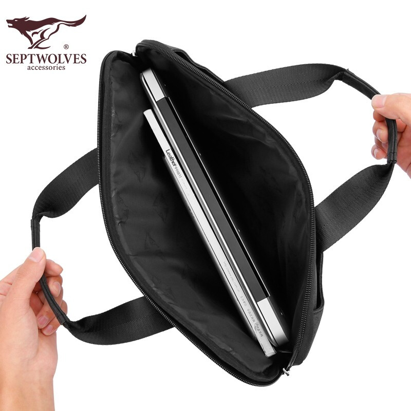 七匹狼公文包牛津布手提包横款男士包大容量电脑包 黑色 14英寸