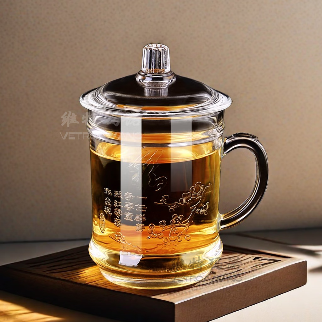 大容量耐热茶杯带盖加厚水杯办公室泡茶耐烫杯子 梅花 玻璃盖 450ml