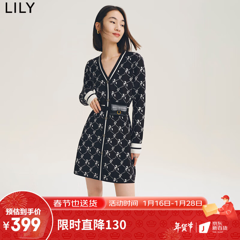 【LILY小鹿斑比系列】LILY2022秋新款女装气质针织款连衣裙 510黑 M