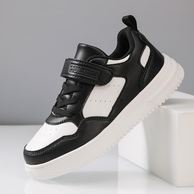 贝天熊儿童旋钮扣革面童鞋男女童网面透气运动跑鞋春秋新款中大童鞋子 BRH790黑白【革面】 29码 内长18.4/脚17.4