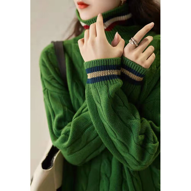 okkdey輕奢時尚麻花條紋高領毛衣女裝秋冬季新款文藝休閑氣質女士針織衫 綠色 M