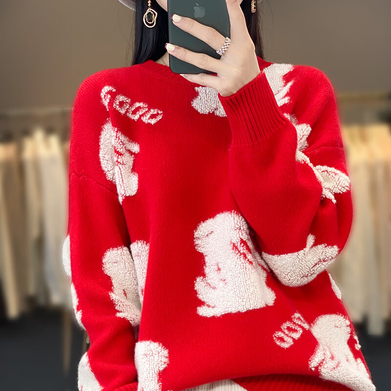羊绒世家新年红羊绒衫女纯山羊绒圆领加厚本命年针织衫小兔 红色 M
