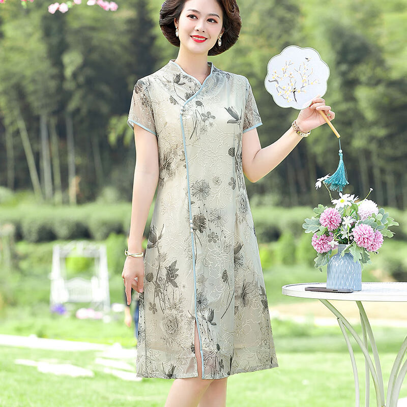 兰威费雷连衣裙夏装新款中年改良旗袍高贵时尚优雅气质裙子潮 灰绿色