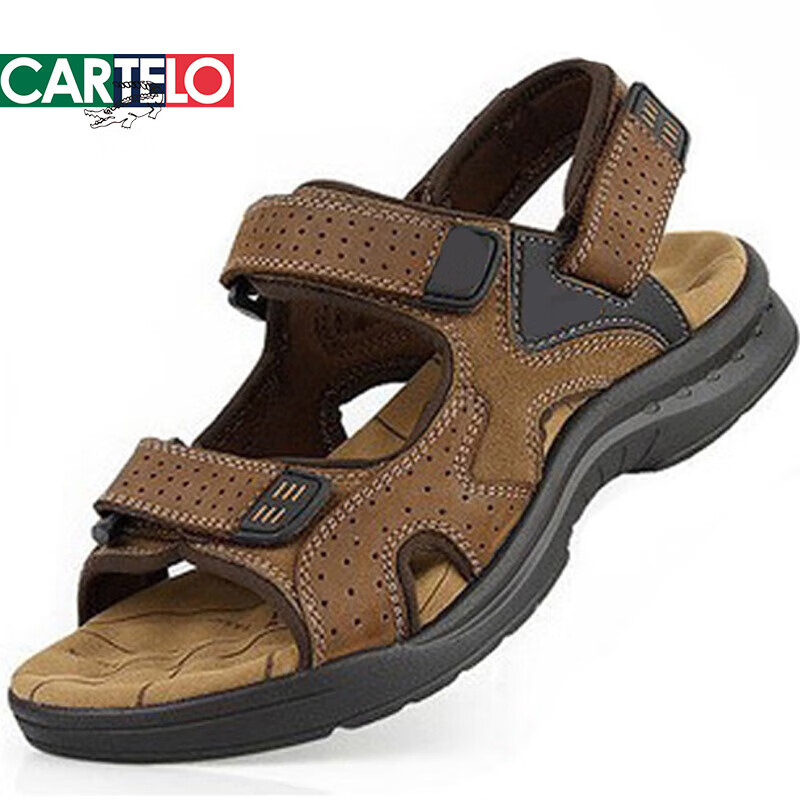 卡帝乐鳄鱼(CARTELO)品牌凉鞋男2026新款夏真皮男士运动休闲潮沙滩鞋凉拖鞋皮凉鞋子潮 棕色1218 44
