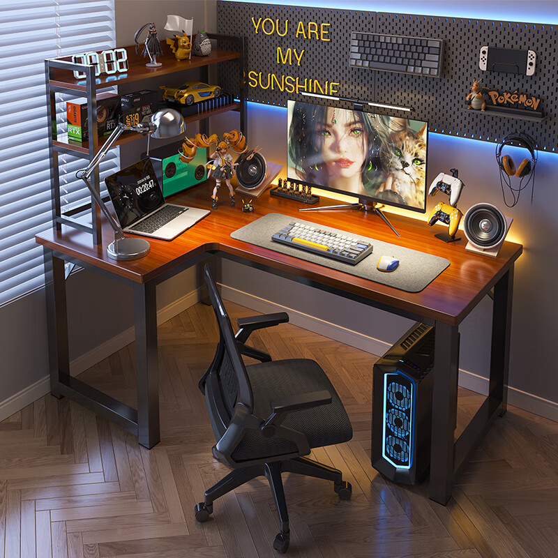 桌台式家用加厚拐角桌书架桌椅组合左右可调桌子 桌椅书架胡桃色12080