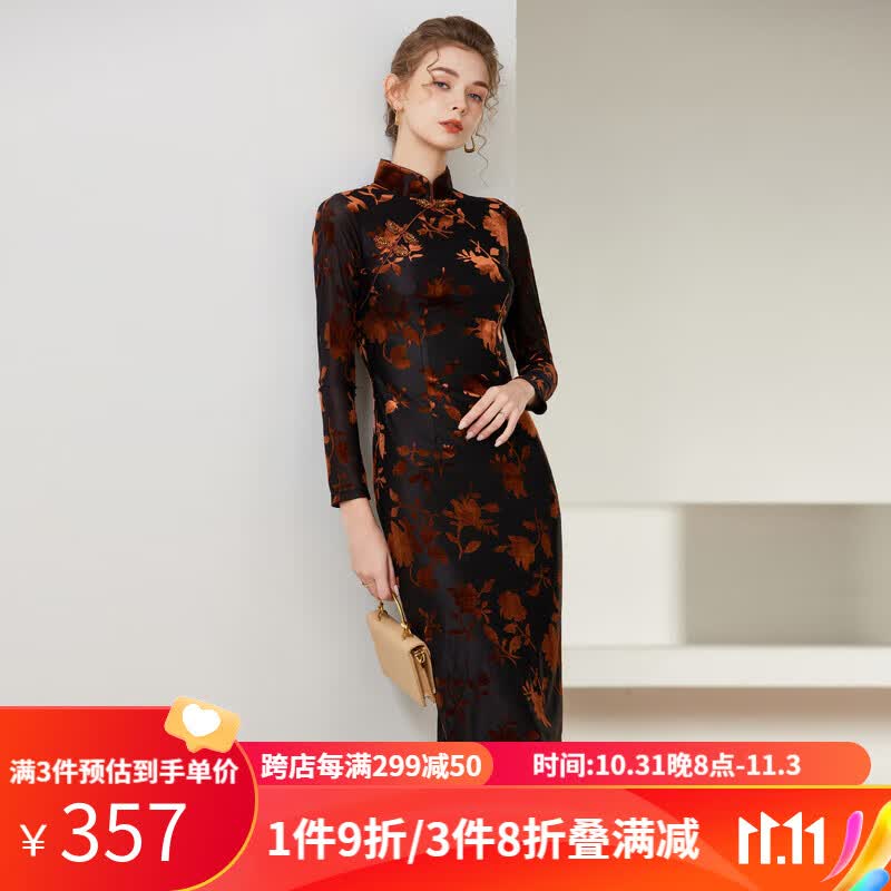 經典故事（JANE STORY）2023新款复古新中式旗袍女秋季时尚民国气质高端丝绒旗袍连衣裙 黑咖花 XL怎么看?