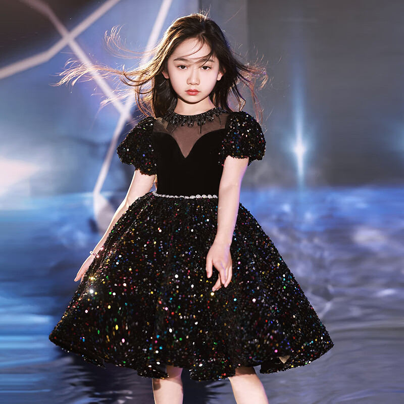 演出服女大童黑色晚礼服女童高端公主裙儿童朗诵主持人小提琴 黑色