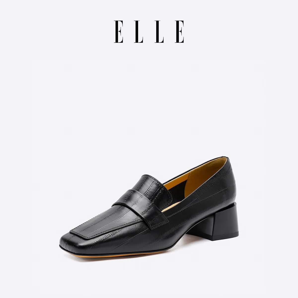 ELLE官方乐福鞋女鞋新款高跟鞋女方头单鞋粗跟鞋子工作鞋 黑色 4cm 39 (245mm) 标准码