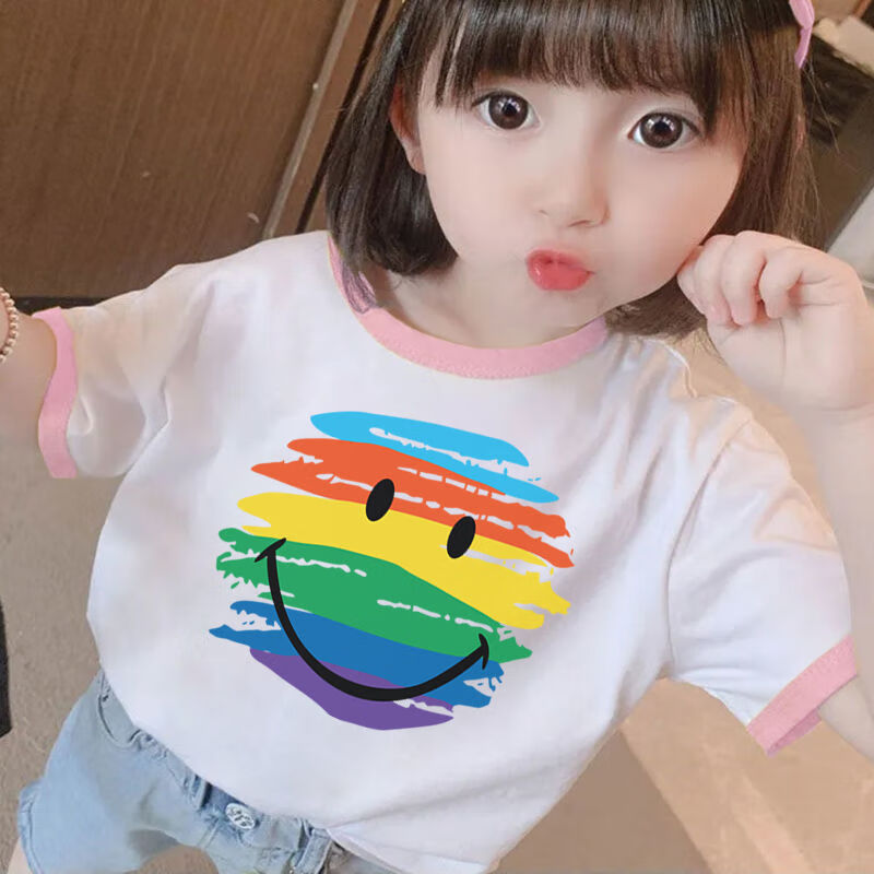 可爱韩版宽松短袖t恤新款夏季上衣男女宝宝短袖 粉色 涂鸦彩虹笑脸 80