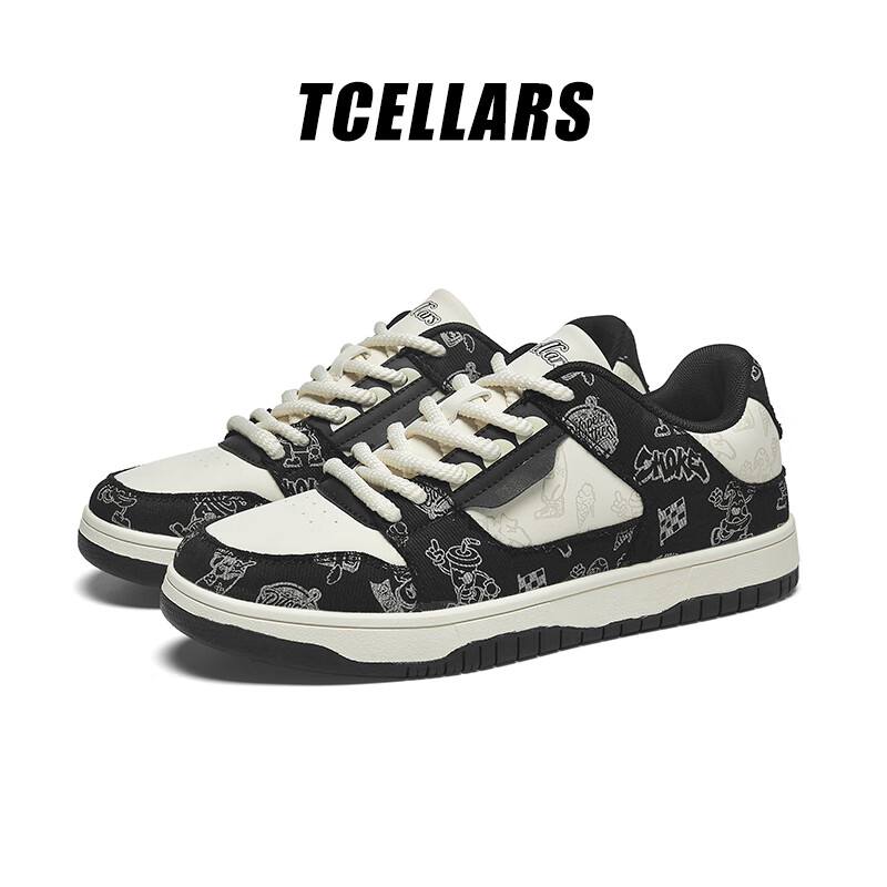 Tcellars男鞋秋冬新款板鞋男涂鸦撞色设计低帮厚底情侣女鞋运动休闲鞋子男 夜空黑 41