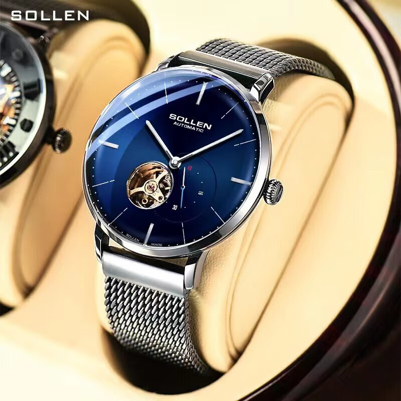 梭伦手表男机械表钢带皮带时尚夜光全自动飞轮镂空防水情侣瑞士 银钉