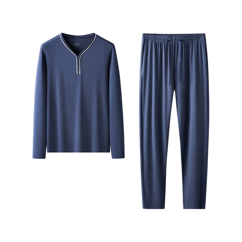 天蠶80S天絲莫代爾睡衣男士新品家居服休閑寬松大碼長袖套裝 藏青4XL