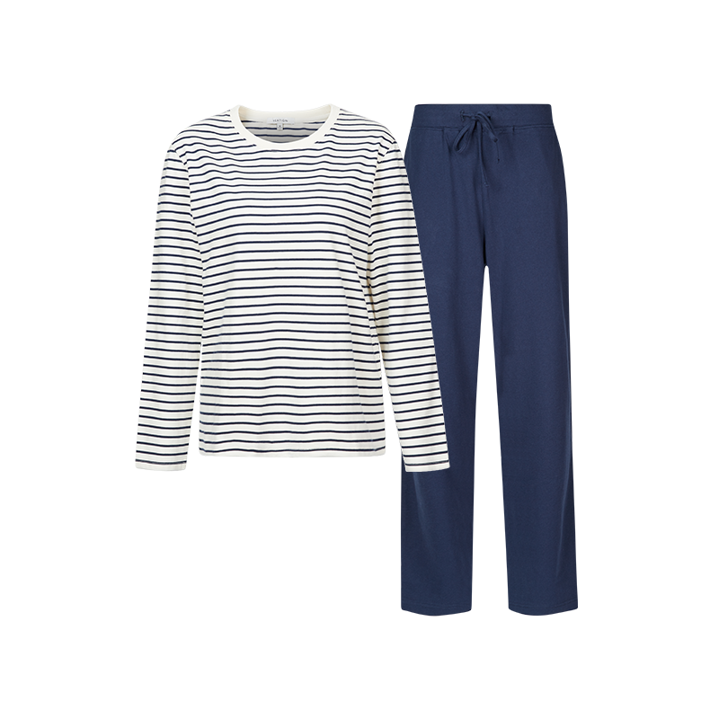 网易严选 女式纯棉条纹舒适潮流家居服套装睡衣 基础款纯棉灰粉白条 S