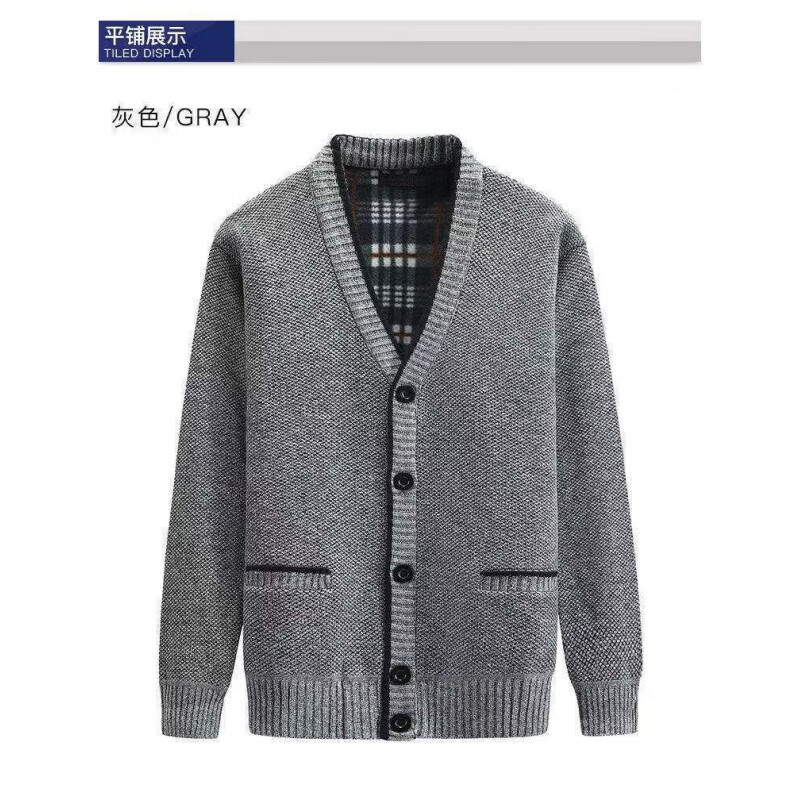 凯逸弗（kainifu）冬季中年男加绒毛衣开衫加厚V领中老年爸爸装针织外套 灰色 L【100-125斤】
