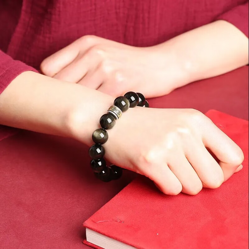 落恋天然黑曜石金曜石手链生肖佛珠男女款925银手串生日礼物护身符 生肖【马】大势至菩萨 珠径10毫米