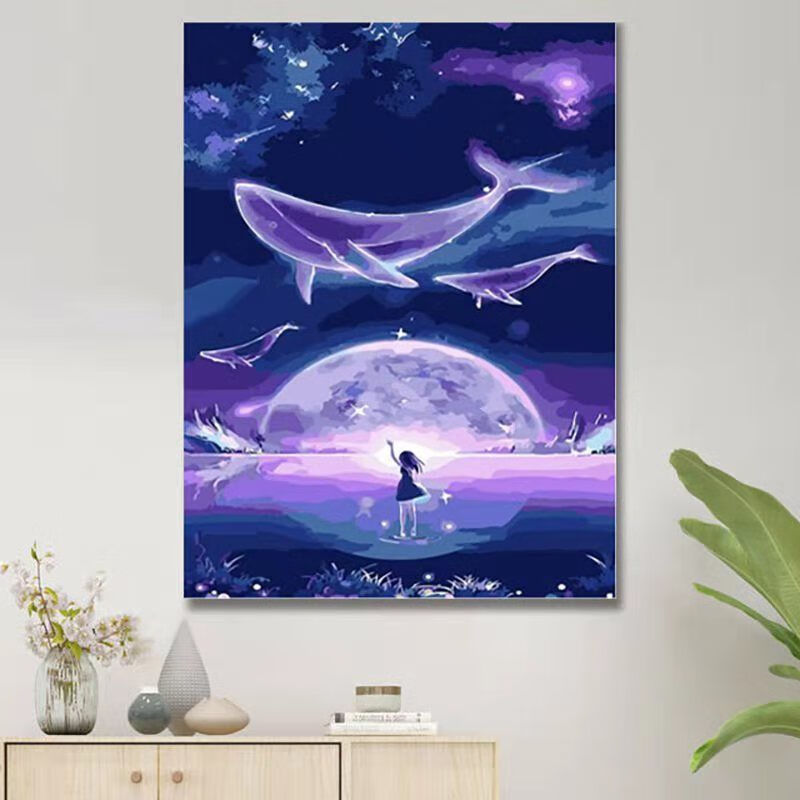 美克杰数字油画diy手绘数码画创意生日礼物手工填色 森系鲸鱼油彩装饰