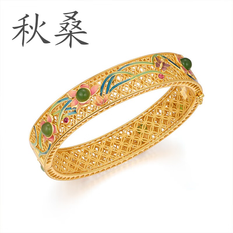 秋桑天然和田碧玉珐琅彩镯子女复古绿猫眼古法银镀金文艺花丝手镯