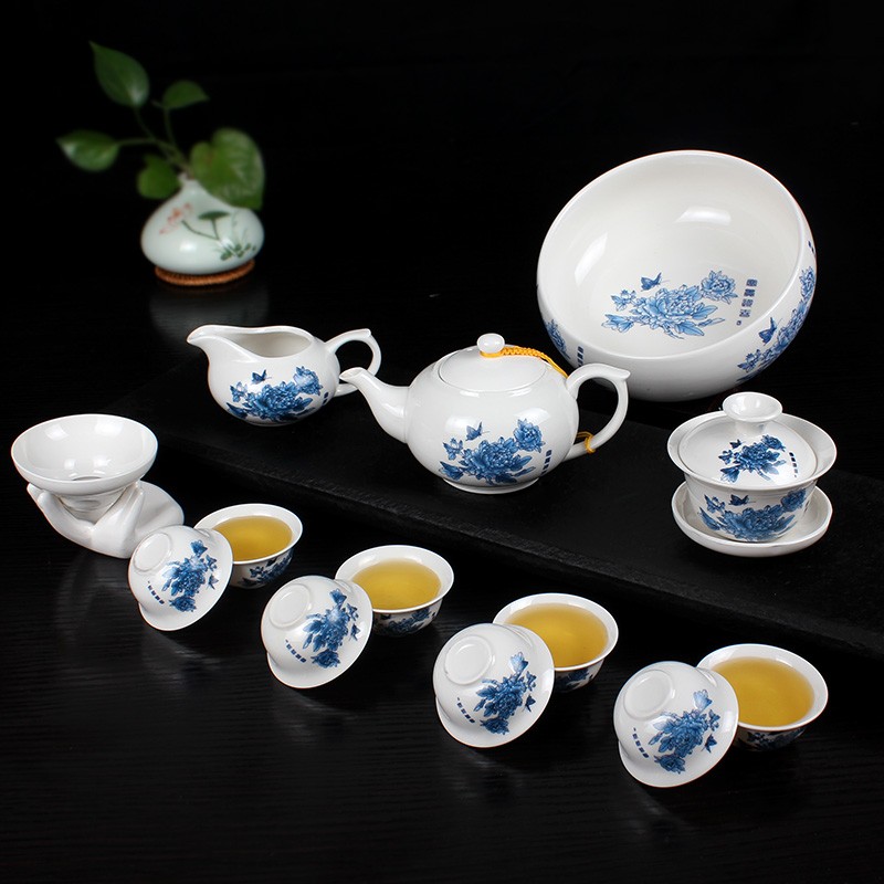 杰艺茶具泡茶器 陶瓷功夫茶具套装 简易整套青花盖碗家用白瓷茶杯茶壶 14头功夫【牡丹】（壶+洗） 14头