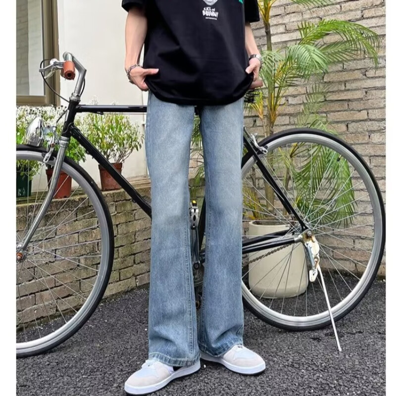 POUM春秋季喇叭微喇牛仔裤男装宽松直筒垂感裤子男士阔腿休闲拖地长裤 SXNZ-720浅蓝色 M 【身高160-170体重105-120斤】