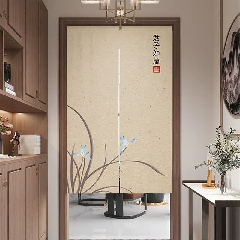 茵尚中式门帘隔断帘客厅禅意免打孔帘子卧室厕所遮挡帘中国风复古半帘 两朵兰花棉麻帘 半开宽60*高90cm【门宽55-60】怎么看?