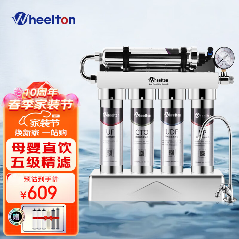 惠尔顿（WHEELTON） 厨房超滤净水器直饮水机家用自来水过滤器厨下滤水器不锈钢厨下过滤器带水龙头 银色