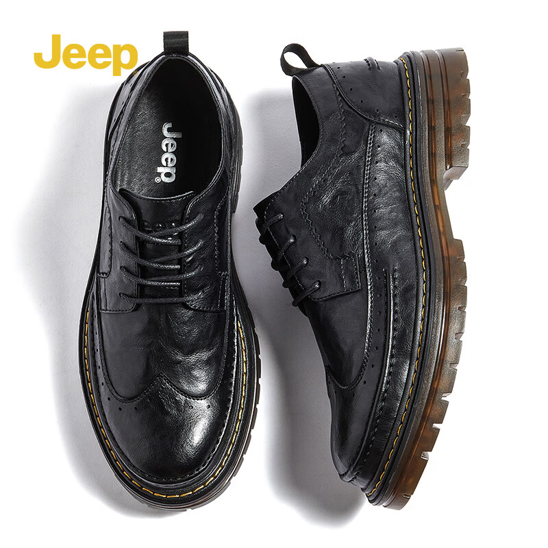 男鞋春季新款男士时尚休闲鞋男厚底系带潮流正装皮鞋子男 黑色 245/39