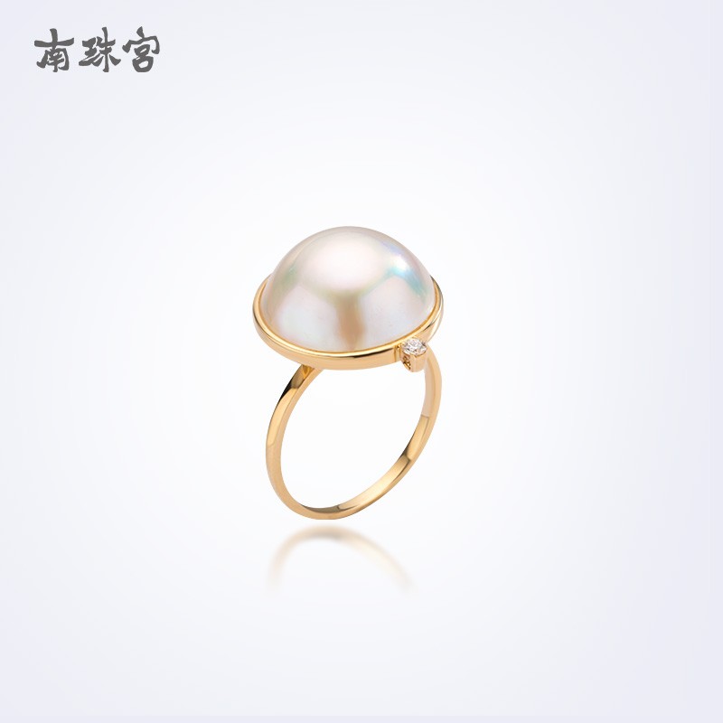南珠宫 马贝珠海水珍珠戒指18k金镶嵌钻石强光女款j047kn 15#戒圈