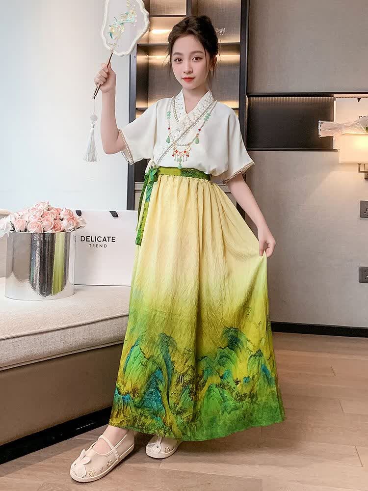 儿童汉服女童山水裙夏装新款童装古风超仙半身裙中国风唐装裙子 旅骀