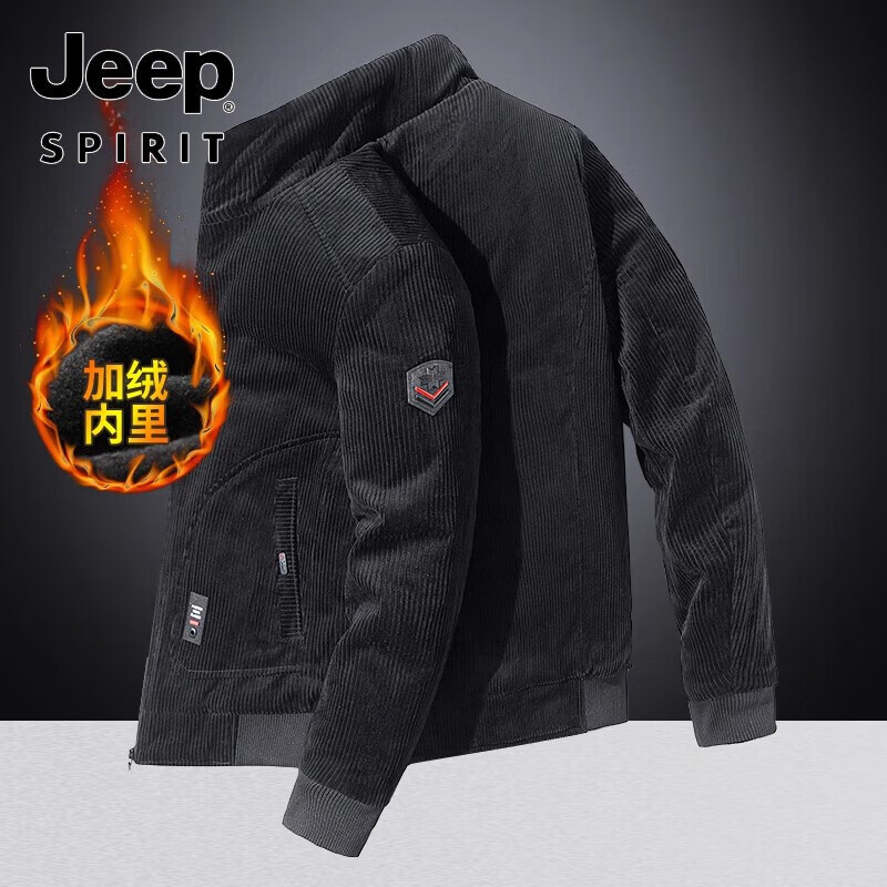 JEEP棉衣男冬季新款保暖外套新款灯芯绒加绒加厚休闲毛领大码纯棉外套 黑色【加棉加绒款】 L