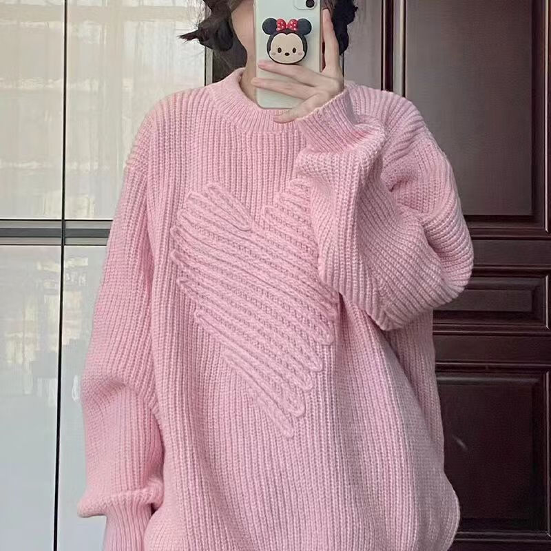 知特 软糯风软奶系毛衣显瘦粉色日系软糯爱心甜美毛衣女2022外穿宽松
