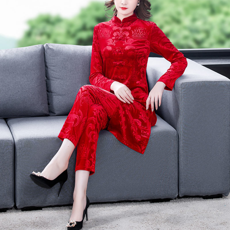 褐舟 妈妈装奶奶装秋装唐装秋冬新款高档金丝绒唐装休闲套装长裤子