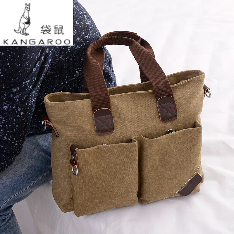 袋鼠轻奢品牌复古帆布包男款手提包简约商务公文包包百搭潮时尚休闲单