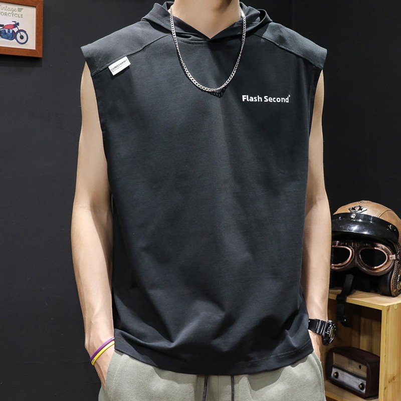 古先森连帽背心男无袖体恤坎肩男士短袖夏季纯棉印花潮牌戴帽运动宽松