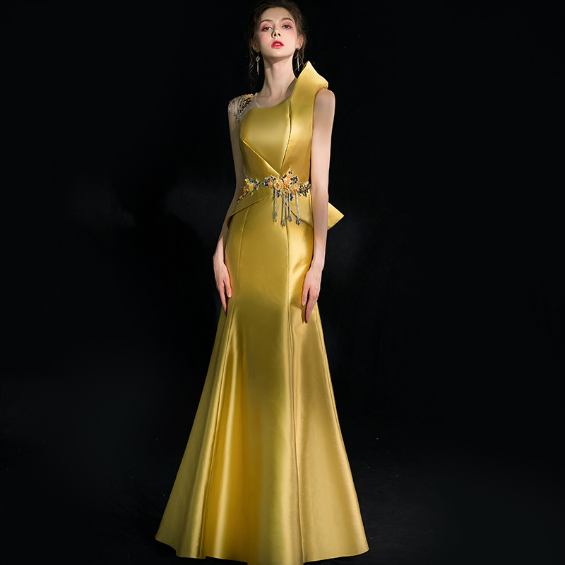 金色晚礼服女2022新款宴会气质长款鱼尾主持人年会晚会演出礼服裙